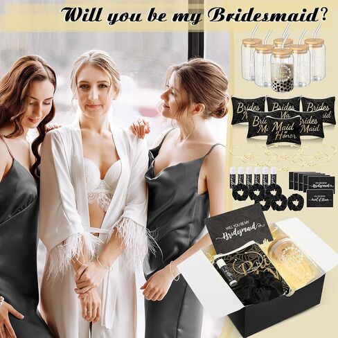 42 Pcs Bridesmaid Proposal Gifts Maid of Honor Gifts Include Gift Box Glass Cup Cosmetic Makeup Bags Invited Cards Lip Balm Hair Scrunchie Bracelets for Wedding Bridal Shower(Black) in Saudi Arabia
