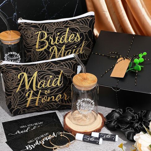 42 Pcs Bridesmaid Proposal Gifts Maid of Honor Gifts Include Gift Box Glass Cup Cosmetic Makeup Bags Invited Cards Lip Balm Hair Scrunchie Bracelets for Wedding Bridal Shower(Black) in Saudi Arabia