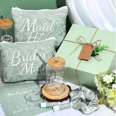 42 Pcs Bridesmaid Proposal Gifts Maid of Honor Gifts Include Gift Box Glass Cup Cosmetic Makeup Bags Invited Cards Lip Balm Hair Scrunchie Bracelets for Wedding Bridal Shower(Black) in Saudi Arabia