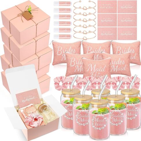 42 Pcs Bridesmaid Proposal Gifts Maid of Honor Gifts Include Gift Box Glass Cup Cosmetic Makeup Bags Invited Cards Lip Balm Hair Scrunchie Bracelets for Wedding Bridal Shower(Black) in Saudi Arabia
