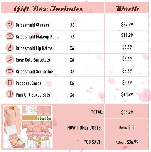 42 Pcs Bridesmaid Proposal Gifts Maid of Honor Gifts Include Gift Box Glass Cup Cosmetic Makeup Bags Invited Cards Lip Balm Hair Scrunchie Bracelets for Wedding Bridal Shower(Black) in Saudi Arabia