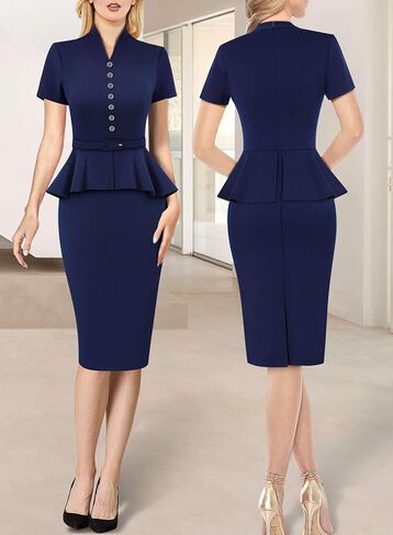 VFSHOW Womens V Neck Belted Button Office Business Back Split Work Church Slim Fit Knee Length Bodycon Pencil Dress in Saudi Arabia