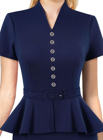 VFSHOW Womens V Neck Belted Button Office Business Back Split Work Church Slim Fit Knee Length Bodycon Pencil Dress in Saudi Arabia