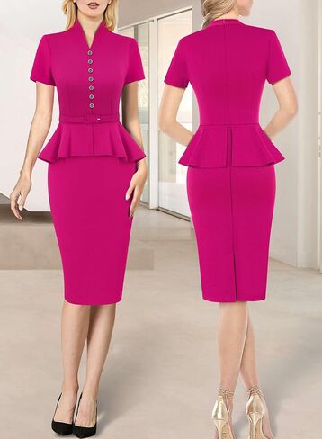 VFSHOW Womens V Neck Belted Button Office Business Back Split Work Church Slim Fit Knee Length Bodycon Pencil Dress in Saudi Arabia