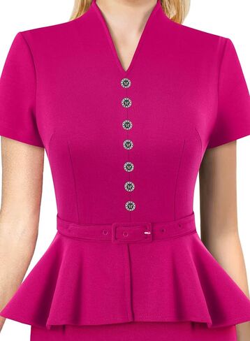 VFSHOW Womens V Neck Belted Button Office Business Back Split Work Church Slim Fit Knee Length Bodycon Pencil Dress in Saudi Arabia