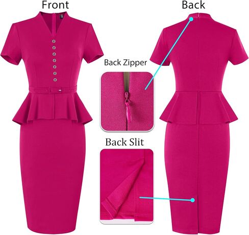 VFSHOW Womens V Neck Belted Button Office Business Back Split Work Church Slim Fit Knee Length Bodycon Pencil Dress in Saudi Arabia