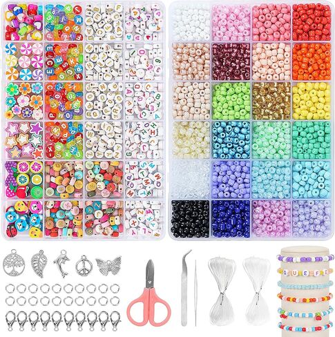 QUEFE 4100pcs 5mm الزجاج البذور الخرز الحرفية عدة والخرز الرسالة الملونة لأساور الصداقة صنع المجوهرات القلائد وسلاسل المفاتيح، الزجاج المهر البذور إلكتروني الأبجدية الفن والحرف اليدوية in Kuwait