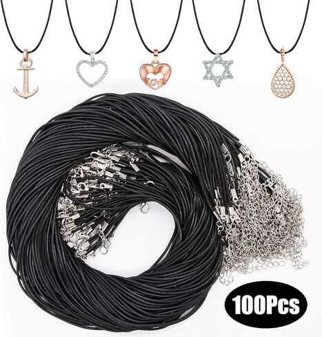 LET'S MAKING سلك قلادة مشمع لصنع المجوهرات، سلاسل جلدية للقلادة مع مشبك للقلادات لوازم الخرز (طول 20 بوصة/100 قطعة/أسود) in Kuwait
