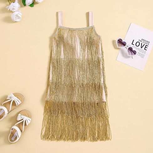 KMBANGI Toddle Kids Girl Sparkly Tassels Dress Sleeveless Sequin Fringe Dress Little Girls Dance Party Latin Dance Dress in Saudi Arabia