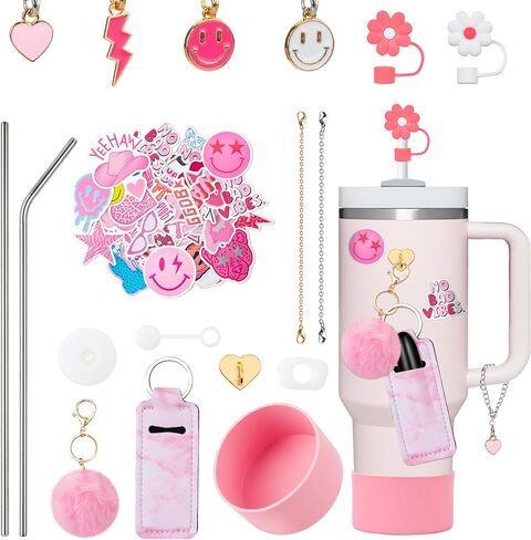 مجموعة إكسسوارات كأس ستانلي 67 قطعة من BOpusail لكأس ستانلي 40 و30 أونصة، بما في ذلك غطاء غطاء قش ديزي وغطاء مقاوم للانسكاب وسدادة من السيليكون وحامل أعواد الشفاه الوردي وسلسلة مفاتيح Pompom وملصقات Preppy Charm in Kuwait