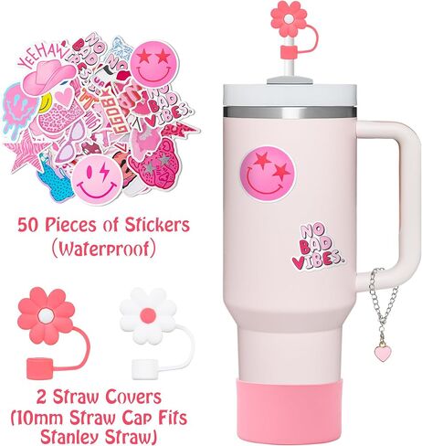 مجموعة إكسسوارات كأس ستانلي 67 قطعة من BOpusail لكأس ستانلي 40 و30 أونصة، بما في ذلك غطاء غطاء قش ديزي وغطاء مقاوم للانسكاب وسدادة من السيليكون وحامل أعواد الشفاه الوردي وسلسلة مفاتيح Pompom وملصقات Preppy Charm in Kuwait