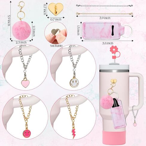 مجموعة إكسسوارات كأس ستانلي 67 قطعة من BOpusail لكأس ستانلي 40 و30 أونصة، بما في ذلك غطاء غطاء قش ديزي وغطاء مقاوم للانسكاب وسدادة من السيليكون وحامل أعواد الشفاه الوردي وسلسلة مفاتيح Pompom وملصقات Preppy Charm in Kuwait