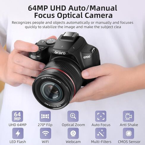 كاميرا فيديو رقمية بدقة 4K للتركيز التلقائي للتصوير الفوتوغرافي، وكاميرا ORDRO 4K بدقة 64 ميجابكسل مع تكبير بصري 12X، وشاشة قابلة للطي 270 درجة 3.0 بوصة، وكاميرا فيديو يوتيوب مدمجة مع فلاش، وبطاقة SD 64 جيجا، وبطاريتين in Kuwait