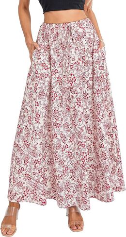 Womens Flowy Maxi Skirt Vintage Floral Print High Waist Elastic A Line Boho Beach Holiday Long Skirts in Kuwait