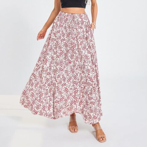 Womens Flowy Maxi Skirt Vintage Floral Print High Waist Elastic A Line Boho Beach Holiday Long Skirts in Kuwait