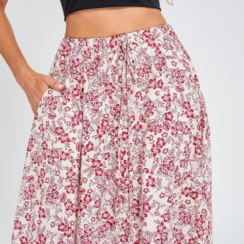 Womens Flowy Maxi Skirt Vintage Floral Print High Waist Elastic A Line Boho Beach Holiday Long Skirts in Kuwait