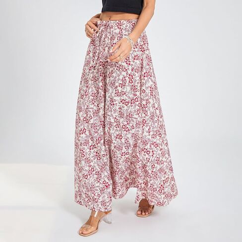 Womens Flowy Maxi Skirt Vintage Floral Print High Waist Elastic A Line Boho Beach Holiday Long Skirts in Kuwait