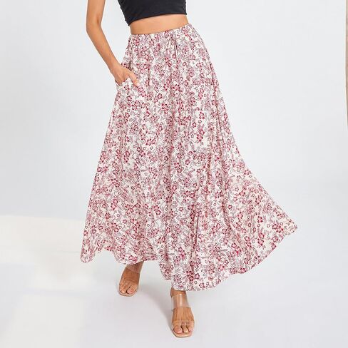 Womens Flowy Maxi Skirt Vintage Floral Print High Waist Elastic A Line Boho Beach Holiday Long Skirts in Kuwait