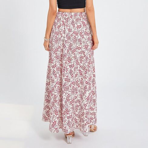 Womens Flowy Maxi Skirt Vintage Floral Print High Waist Elastic A Line Boho Beach Holiday Long Skirts in Kuwait