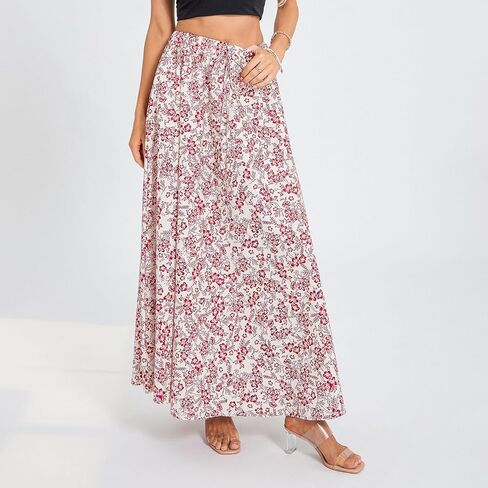 Womens Flowy Maxi Skirt Vintage Floral Print High Waist Elastic A Line Boho Beach Holiday Long Skirts in Kuwait