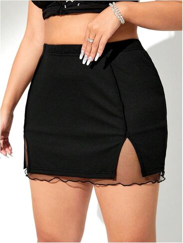 WDIRARA Women's Plus Size Mesh High Split Mini Skirts Stretch High Waist Bodycon Short Skirt in Saudi Arabia