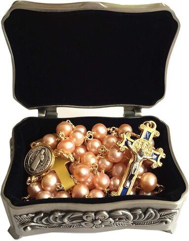 elegantmedical Pink 8mm Real Pearl BEADS St. Benedict GOLD ROSARY CROSS Necklace & box Catholic GIFTS in Saudi Arabia