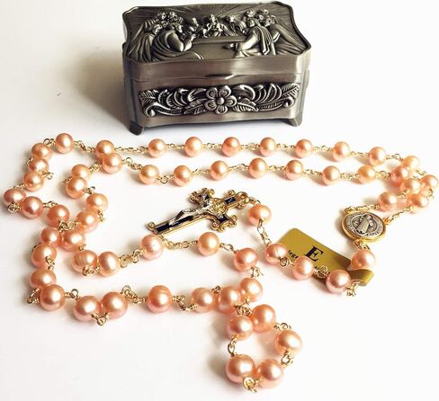 elegantmedical Pink 8mm Real Pearl BEADS St. Benedict GOLD ROSARY CROSS Necklace & box Catholic GIFTS in Saudi Arabia