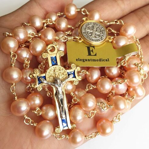 elegantmedical Pink 8mm Real Pearl BEADS St. Benedict GOLD ROSARY CROSS Necklace & box Catholic GIFTS in Saudi Arabia