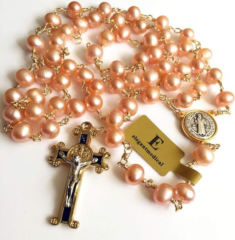 elegantmedical Pink 8mm Real Pearl BEADS St. Benedict GOLD ROSARY CROSS Necklace & box Catholic GIFTS in Saudi Arabia
