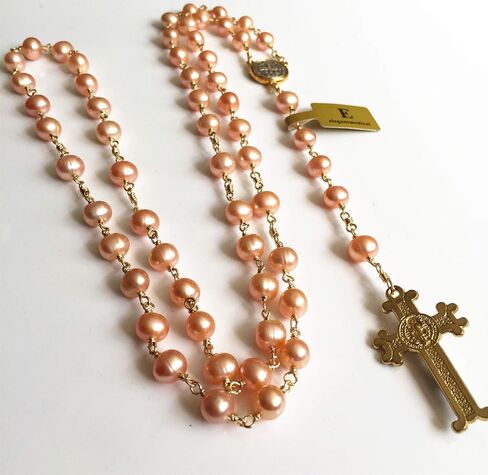 elegantmedical Pink 8mm Real Pearl BEADS St. Benedict GOLD ROSARY CROSS Necklace & box Catholic GIFTS in Saudi Arabia
