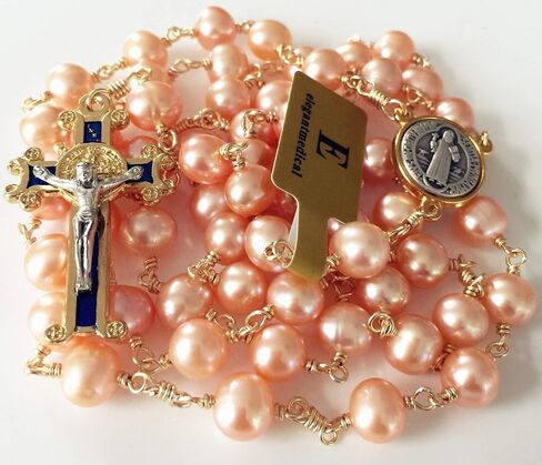 elegantmedical Pink 8mm Real Pearl BEADS St. Benedict GOLD ROSARY CROSS Necklace & box Catholic GIFTS in Saudi Arabia