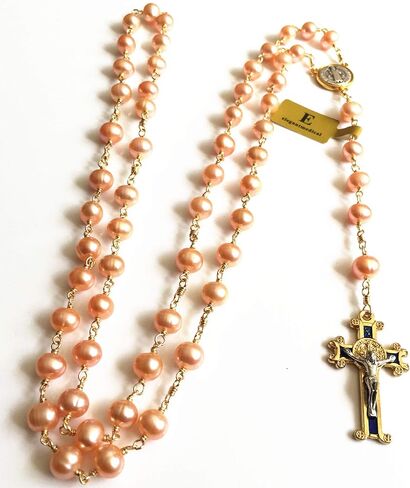 elegantmedical Pink 8mm Real Pearl BEADS St. Benedict GOLD ROSARY CROSS Necklace & box Catholic GIFTS in Saudi Arabia
