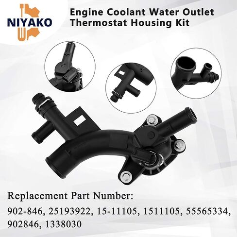 Niyako Engine Coolant Water Outlet Thermostat Housing Replacement# 𝟗𝟎𝟐-𝟖𝟒𝟔 𝟏𝟓-𝟏𝟏𝟏𝟎𝟓 𝟐𝟓𝟏𝟗𝟑𝟗𝟐𝟐 𝟓𝟓𝟓𝟔𝟓𝟑𝟑𝟒 Fit 2011-2020 Chevy Cruze Sonic Trax Encore 1.4L L4 in Saudi Arabia