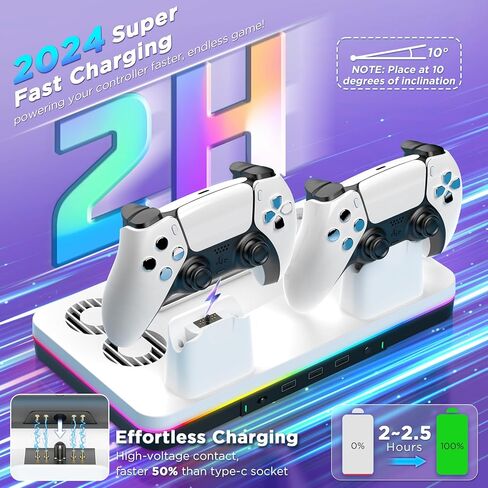 حامل PS5 رفيع ومحطة تبريد لوحدات تحكم PS5 Slim الرقمية/القرص، شاحن وحدة تحكم PS5 Slim أسرع، ملحقات PS5 Slim مع RGB، حامل سماعة الرأس، مروحة تبريد، 3 محاور USB in Kuwait