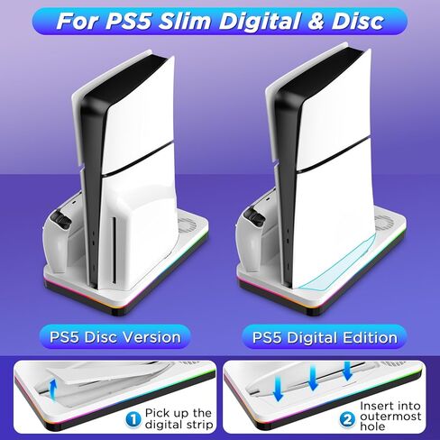 حامل PS5 رفيع ومحطة تبريد لوحدات تحكم PS5 Slim الرقمية/القرص، شاحن وحدة تحكم PS5 Slim أسرع، ملحقات PS5 Slim مع RGB، حامل سماعة الرأس، مروحة تبريد، 3 محاور USB in Kuwait