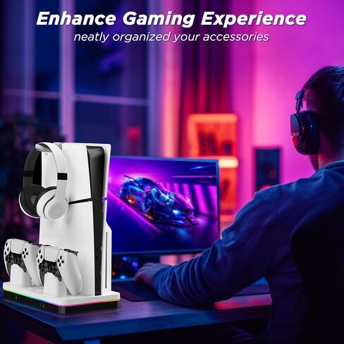 حامل PS5 رفيع ومحطة تبريد لوحدات تحكم PS5 Slim الرقمية/القرص، شاحن وحدة تحكم PS5 Slim أسرع، ملحقات PS5 Slim مع RGB، حامل سماعة الرأس، مروحة تبريد، 3 محاور USB in Kuwait