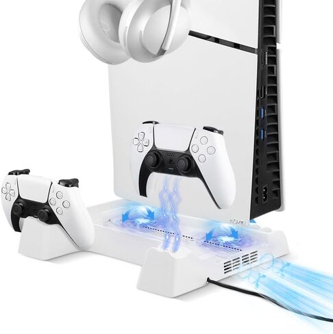PS5 Slim Stand with Cooling Fan and Controller Charging Station for PS5 Slim Console Disc/Digital, for PS5 Accessories Cooling Fan Holder,Headset Holder for Playsation 5 Black Color in Saudi Arabia