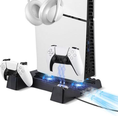 PS5 Slim Stand with Cooling Fan and Controller Charging Station for PS5 Slim Console Disc/Digital, for PS5 Accessories Cooling Fan Holder,Headset Holder for Playsation 5 Black Color in Saudi Arabia