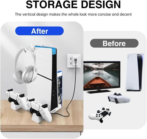 PS5 Slim Stand with Cooling Fan and Controller Charging Station for PS5 Slim Console Disc/Digital, for PS5 Accessories Cooling Fan Holder,Headset Holder for Playsation 5 Black Color in Saudi Arabia