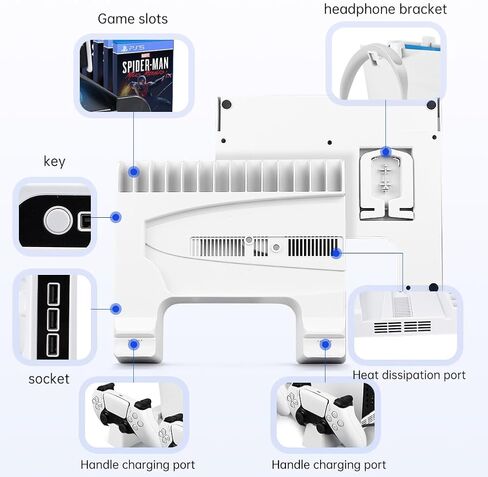 PS5 Slim Stand with Cooling Fan and Controller Charging Station for PS5 Slim Console Disc/Digital, for PS5 Accessories Cooling Fan Holder,Headset Holder for Playsation 5 Black Color in Saudi Arabia