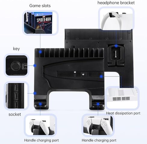 PS5 Slim Stand with Cooling Fan and Controller Charging Station for PS5 Slim Console Disc/Digital, for PS5 Accessories Cooling Fan Holder,Headset Holder for Playsation 5 Black Color in Saudi Arabia
