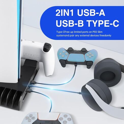 PS5 Slim Stand with Cooling Fan and Controller Charging Station for PS5 Slim Console Disc/Digital, for PS5 Accessories Cooling Fan Holder,Headset Holder for Playsation 5 Black Color in Saudi Arabia