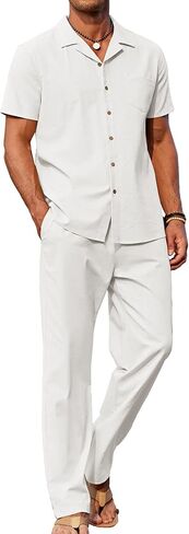 COOFANDY Men Linen Sets Outfits 2 Piece Beach Wedding Shirts Casual Loose Pants A-white in Saudi Arabia
