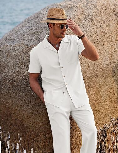 COOFANDY Men Linen Sets Outfits 2 Piece Beach Wedding Shirts Casual Loose Pants A-white in Saudi Arabia