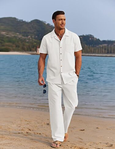 COOFANDY Men Linen Sets Outfits 2 Piece Beach Wedding Shirts Casual Loose Pants A-white in Saudi Arabia