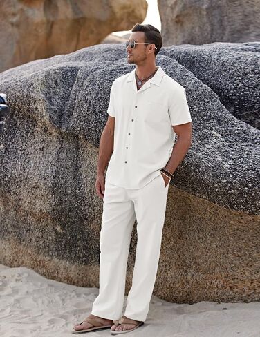 COOFANDY Men Linen Sets Outfits 2 Piece Beach Wedding Shirts Casual Loose Pants A-white in Saudi Arabia