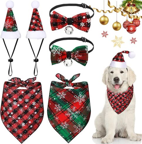 6 Pieces Dog Christmas Outfit Include 2 Pieces Dog Christmas Bandana 2 Pieces Dog Christmas Hat and 2 Pieces Bow Tie Collar Dog Apparel and Accessories for Small Medium Dog PET (Vivid Pattern) in Saudi Arabia