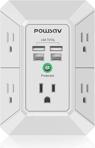 مشترك طاقة بـ 5 منافذ مع 4 منافذ USB - واقي من التيار الزائد للمنزل والمكتب والمدرسة - مدرج في قائمة ETL in Kuwait