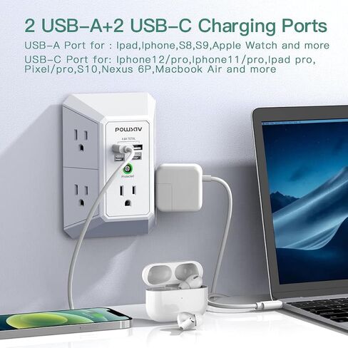 مشترك طاقة بـ 5 منافذ مع 4 منافذ USB - واقي من التيار الزائد للمنزل والمكتب والمدرسة - مدرج في قائمة ETL in Kuwait