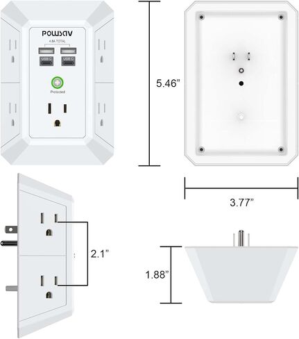 مشترك طاقة بـ 5 منافذ مع 4 منافذ USB - واقي من التيار الزائد للمنزل والمكتب والمدرسة - مدرج في قائمة ETL in Kuwait